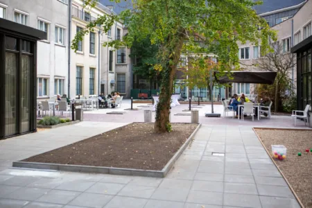 foto van tuin en terras Janskliniek met boom in het midden